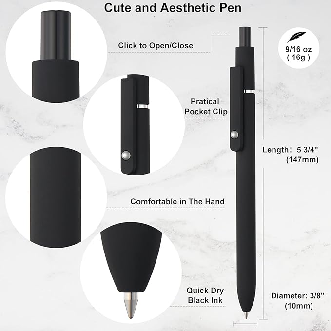 LINFANC 6 Pack Gel Pens, Black Ink Pens Fine Point Smooth Writing Pens Bulk, Soft Touch Cute Pens Aesthetic School Supplies, 0.5mm Black Pens for Journaling, Cute Office Supplies for Women & Men