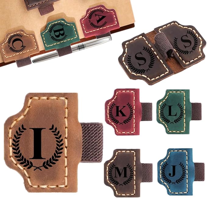 Custom Bookmark with Pen Holder with 26 Letters Personalized Magnetic Leather Book Mark, Customized Name Book Marker Clip with Initial for Men Women, Gifts for Book Lovers, Readers, (Brown, I)