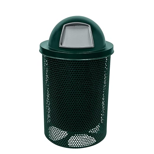 COATEDOUTDOORFURNITURE Coated Outdoor Furniture 32-Gallon Heavy-Duty Punched Steel Round Trash Receptacle, Commercial Outdoor Waste Bin with Liner & Dome Lid – Made in America (Textured Dark Green)