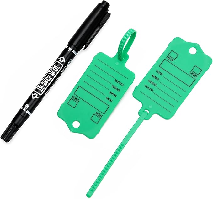 200 Car Key Tags with Labels Plastic Car Dealership Key Tags Self Locking Automotive Identifiers Blank Shop Labels with One Pen (Green)