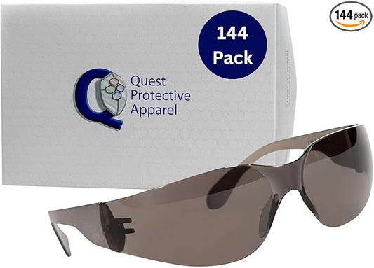 Quest Protective Apparel Safety Glasses for Men and Women - Anti Fog Safety Goggles for Shooting, Lab, or Construction – Polycarbonate Eye Protection [Smoke & Pack of 144 Pairs]