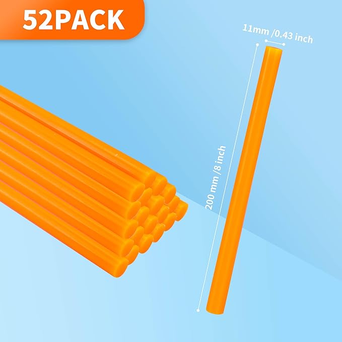 MATUFF 52 Pcs Orange hot Glue Sticks Full Size 0.43” Dia x 8” Long, Colored Hot melt Glue Sticks, All-Purpose Glue Sticks for Halloween Pumpkins Crafts Make, DIY Art Craft Repair Bonding