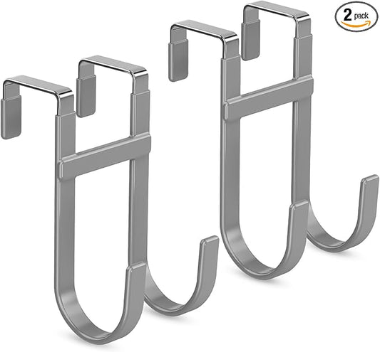 FYY Over The Door Hooks - 2 Pack Heavy Duty Dual-Hook Organizer Hanger with Non-Slip Rubber for Towels, Clothes, Hats & Bags Use in Bathroom, Bedroom, Kitchen - Fits Interior Doors Up to 1 3/8" Grey