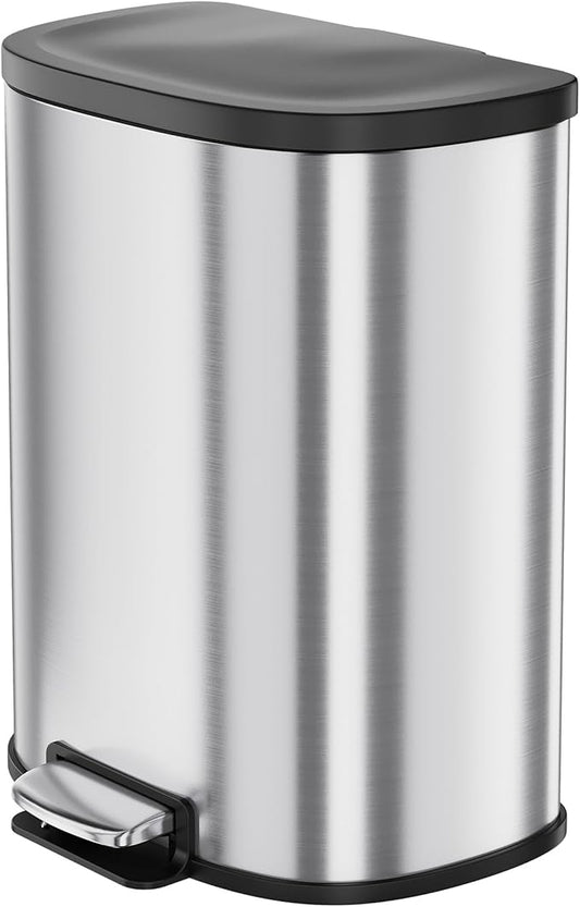 13.2 Gal/50L D-Shape Trash Can, Step-On Stainless Steel Garbage Can, Soft-Close Lid, Anti-Fingerprint Surface, Recycling Bin with Removable Inner Basket for Kitchen Dining Room