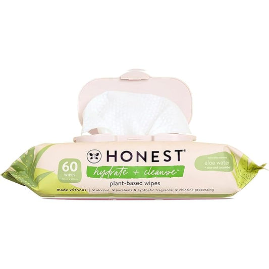 The Honest Company Hydrate and Cleanse Naturally Scented Wipes Cleansing Multi-Tasking Wipes 99% Water Plant Based Hypoallergenic Aloe and Cucumber 60 Count