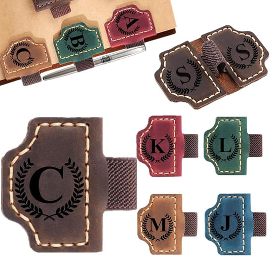 Custom Bookmark with Pen Holder with 26 Letters Personalized Magnetic Leather Book Mark, Customized Name Book Marker Clip with Initial for Men Women, Gifts for Book Lovers, Readers, (Coffee, C)