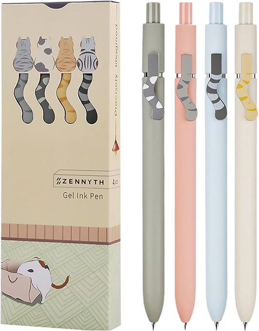 Cat Pens, 4 Pcs 0.5mm Cute Kawaii Black Ink Pens Fine Point Smooth Writing Pen, High-End Series Cat's Tail Retractable Pen for Journaling Note Taking (4 Pcs Cat)