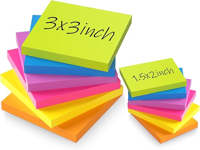 (12 Pack) Sticky Notes 3x3 + 1.5x2 in Small Sticky Note, Self-Sticky Note Pads | Sticks Strong & Removes Clean | Recycled Paper Cute Sticky Notes to School Supplies, Office Products, 6 Colors