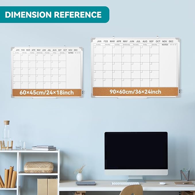 Calendar Whiteboard for Wall,24" x 18" White Board Calendar Dry Erase with Silver Aluminum Frame,Double Side Wall Hanging Board for Office,Home,Kitchen