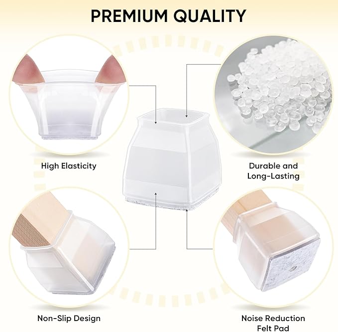 BALEINE 16 Pack Silicone Chair Leg Floor Protectors, Stool Leg Protectors Cap, Non-Slip Chair Leg Caps for Hardwood Floors (Clear & Large (Square), 16 Pack)