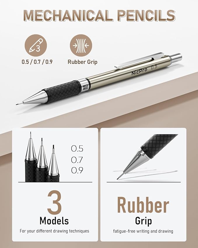 Nicpro 30PCS Art Mechanical Pencil Set in Leather Case, Metal Drafting Pencil 0.5 mm, 0.7 mm, 0.9 mm & 3 PCS 2mm Lead Holders for Sketching Drawing With 16 Tube (6B 4B 2B HB 2H 4H Colors) Lead Refills