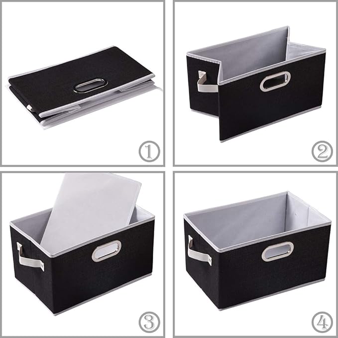 PRANDOM Large Collapsible Storage Bins for Closet [5-Pack] Decorative Fabric Storage Baskets Cubes with Leather/Metal Handles for Shelves Bedroom Living Room Black (14.9x9.8x8.3 Inch)