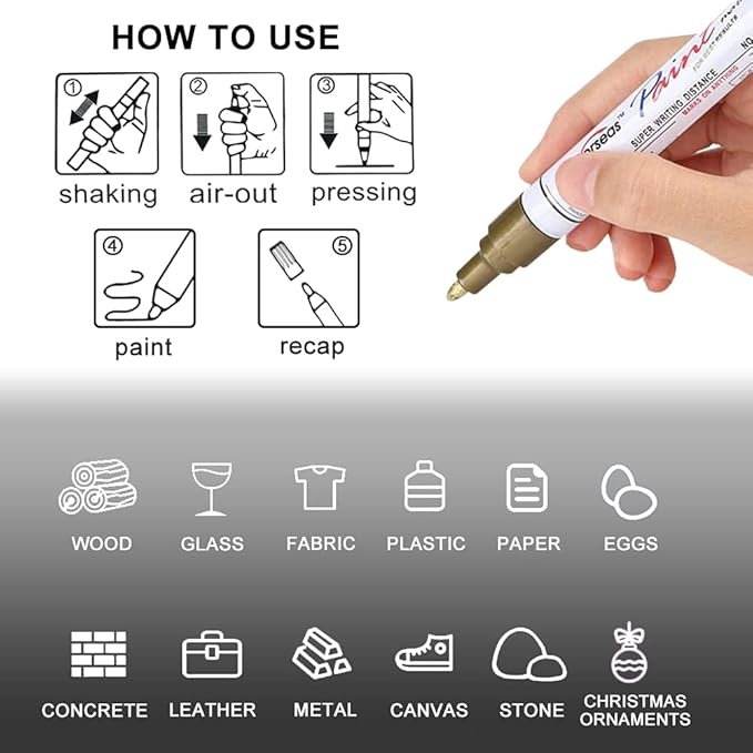 Overseas Permanent Paint Markers Pens - 3 Pack Gold Oil Based Paint Pens, Medium Tip, Quick Drying and Waterproof Marker Pen for Metal, Rock, Wood, Fabric, Plastic, Canvas, Mugs, Stone, Glass