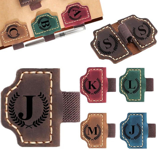 Custom Bookmark with Pen Holder with 26 Letters Personalized Magnetic Leather Book Mark, Customized Name Book Marker Clip with Initial for Men Women, Gifts for Book Lovers, Readers, (Coffee, J)