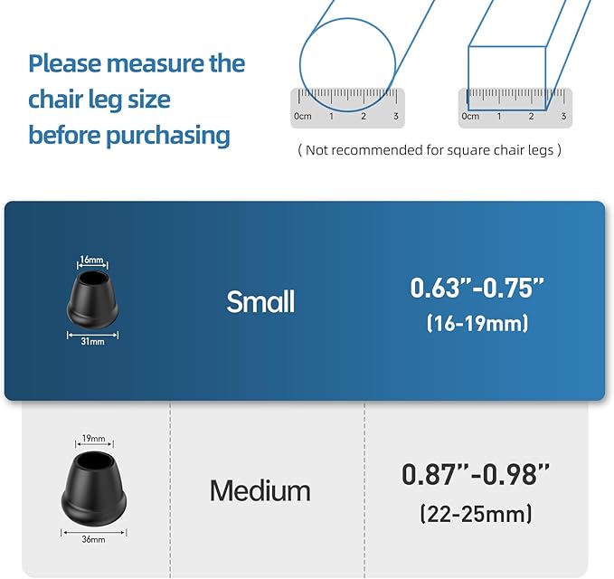 0.75 Inch Heavy Duty Rubber Chair Leg Caps - 8 PCS Non-Slip Furniture Floor Protectors with Metal Inserts for Wood, Tile, Carpet - Fits Chairs,Stools,Bar Stools