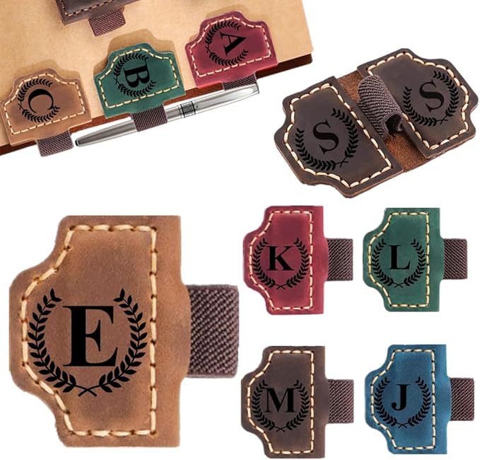 Custom Bookmark with Pen Holder with 26 Letters Personalized Magnetic Leather Book Mark, Customized Name Book Marker Clip with Initial for Men Women, Gifts for Book Lovers, Readers, (Brown, E)