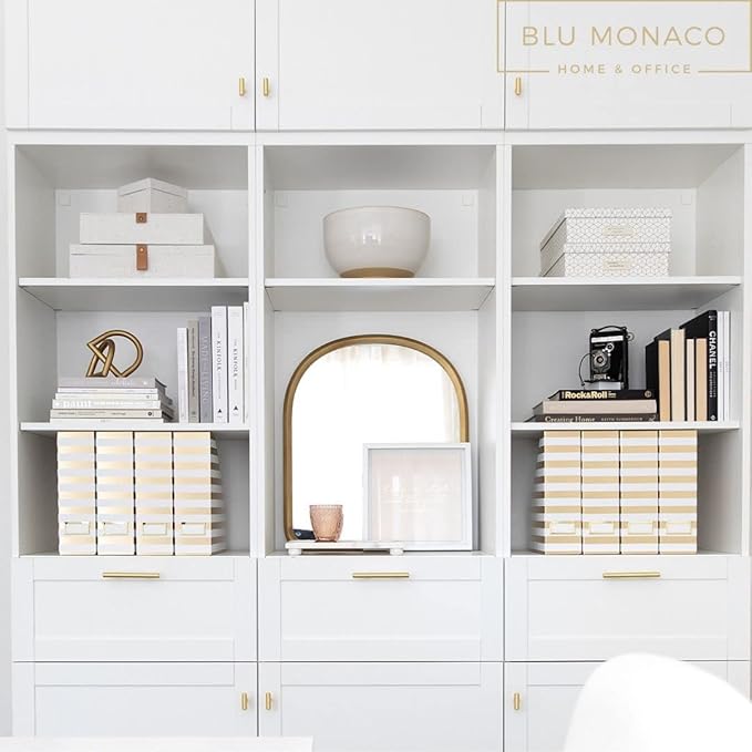 BLU MONACO Set of 4 Gold & White Striped Magazine File Boxes with Gold Label Holders – Stylish File Organizer Box for Desk, Office Supplies, File Folder Holder, and Book Organizer