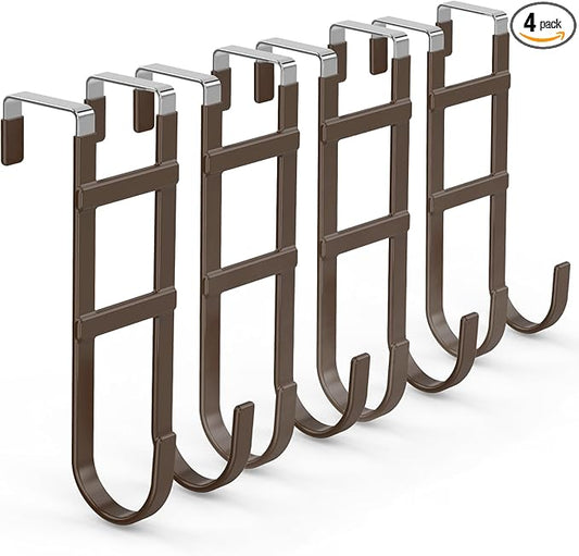 FYY Over The Door Hooks - 4 Pack Heavy Duty Dual-Hook Organizer Hanger with Non-Slip Rubber for Towels, Clothes, Hats & Bags Use in Bathroom, Bedroom, Kitchen - Fits Interior Doors Up to 1.6" Brown