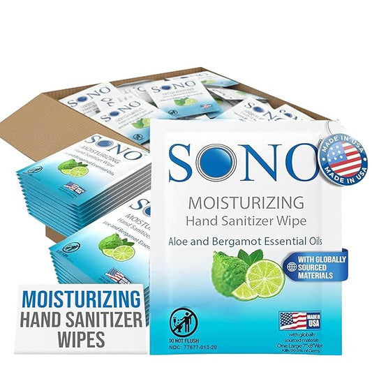 SONO Bergamot & Aloe Moisturizing Hand Sanitizer Wipes - TSA-Approved Travel Size Individual Packs for On-the-Go Hygiene & Cleansing - Alcohol-Free Antibacterial for Hands & Surfaces