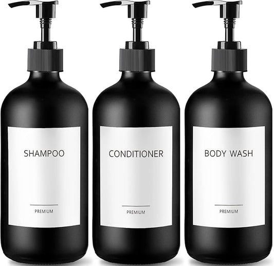 GMISUN Black Shampoo and Conditioner Dispenser, Shower Soap Dispenser Bottles with Labels, Refillable Shampoo Conditioner Body Wash Dispensers, Glass Soap Pump Dispenser Set for Bathroom Shower