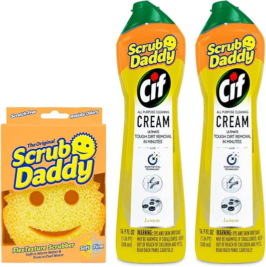 Scrub Daddy + 2x Cif All Purpose Cleaning Cream, Lemon - Multi Surface Household Cleaning Cream Scratch-Free Multipurpose Dish Sponge