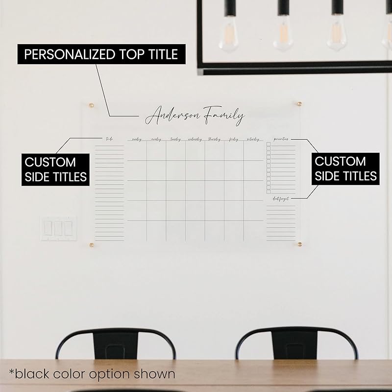 Personalized Clear Acrylic Calendar for Wall, Calendar Whiteboard for Wall, Dry Erase Wall Calendar, Wall Calendar Organizer System for Home (Cursive, Navy, 14"W x 11"H)