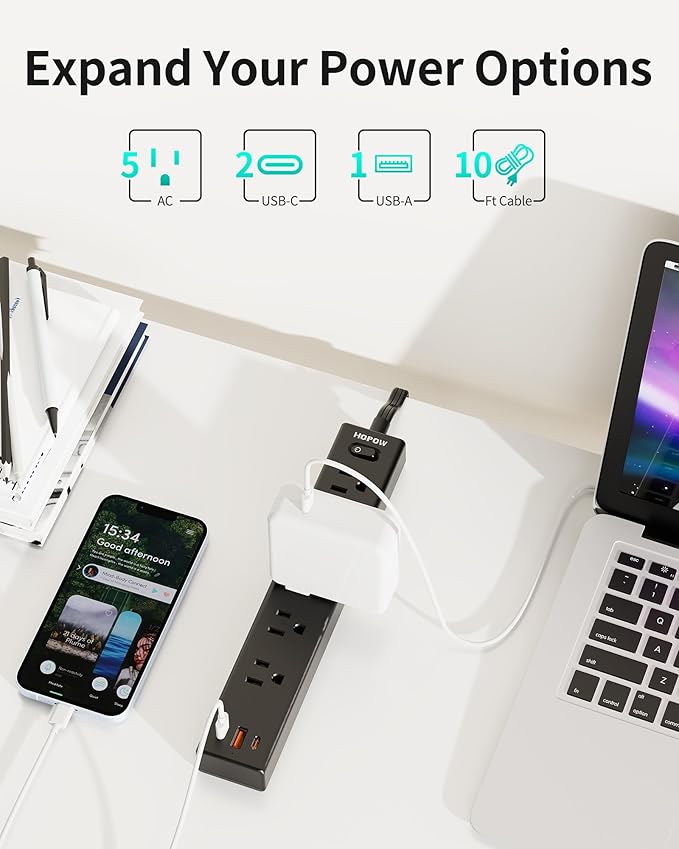 Power Strip Surge Protector, 10 Ft Ultra Flat Extension Cord, Surge Protector with 5 Outlets & 3 USB Ports (2 USB C), 1700 Joules, Wall Mount, Desktop Charging Station for Home Office, Black