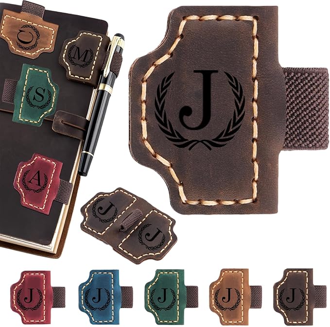 Artlaza Personalized Magnetic Leather Bookmark with Pen Holder - 26 Letters Custom Book Mark with Name Initial Engraved Book Marker for Readers, Book Lovers, Travelers - Gift for Women & Men(Brown，J
