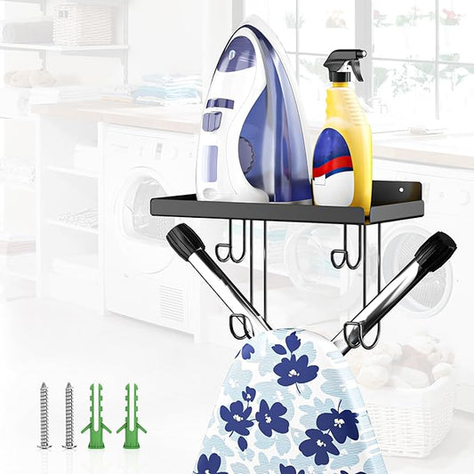 Ironing Board Holder Wall Mount, Ironing Board Hanger with Storage Shelf, Iron Board Holder for Wall, T&V Shaped Iron Board Hanger, Irons Storage for Laundry Room