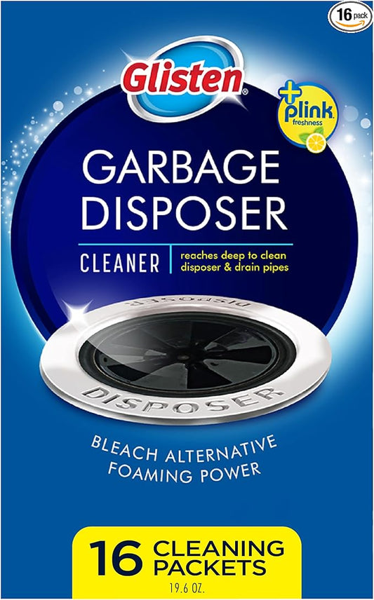 Glisten Garbage Disposer Cleaner and Freshener with Foaming Action, Helps Remove Buildup in Drains, Lemon Scent, Made in the USA, 16 Packets