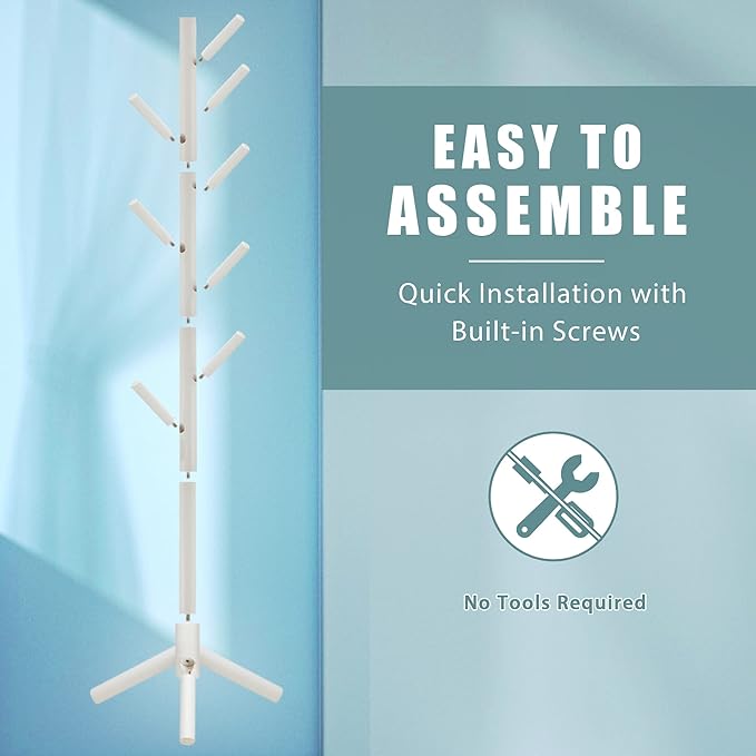 Haddockway Wooden Coat Rack Stand with 8 Hooks New Zealand Pine 3 Adjustable Coat Standing Tree Easy Assembly for Coats, Hats, Scarves and Handbags for Entryway, Hallway, Bedroom, Office, white