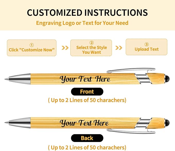 Personalized Pen Customizable Bamboo Pen with Stylus -Custom Text Logo Name Ballpoint Pens with Black Ink-Personalized Gift Ideas for School Office Business Home(50 Count/Pack)