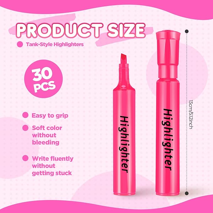 Qilery 30 Pack Highlighters Bulk, Tank Style Chisel Tip Highlighters Markers Quick Drying for Kids and Adult Coloring, Classroom Home Office School Supplies (Pink)