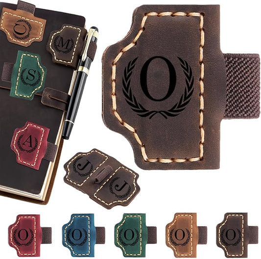 Artlaza Personalized Magnetic Leather Bookmark with Pen Holder - 26 Letters Custom Book Mark with Name Initial Engraved Book Marker for Readers, Book Lovers, Travelers - Gift for Women & Men(Brown，O