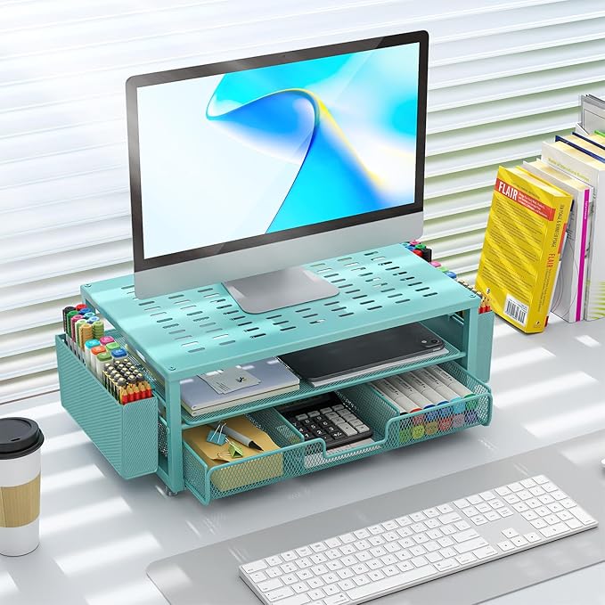 gianotter Desk Organizers and Accessories, Monitor Stand with Drawer and 2 Pen Holder, Desktop Organizer Suitable for Offices and Dormitories (Blue)