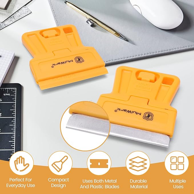 MulWark Razor Blade Scraper Tool Set, 3-Piece with 30 Replacement Blades - Heavy-Duty Cleaning Tool, Standard & Mini Scrapers for Decals, Stickers, Paint, Caulk, and Adhesive Removal