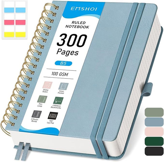 EMSHOI College Ruled Notebook, 300 Numbered Pages, B5 (7.48”x10.15”) PU Leather Hardcover, 100GSM Thick Paper – Perfect for Work, Writing, Journaling, Notes, Gray-Blue for Women & Men