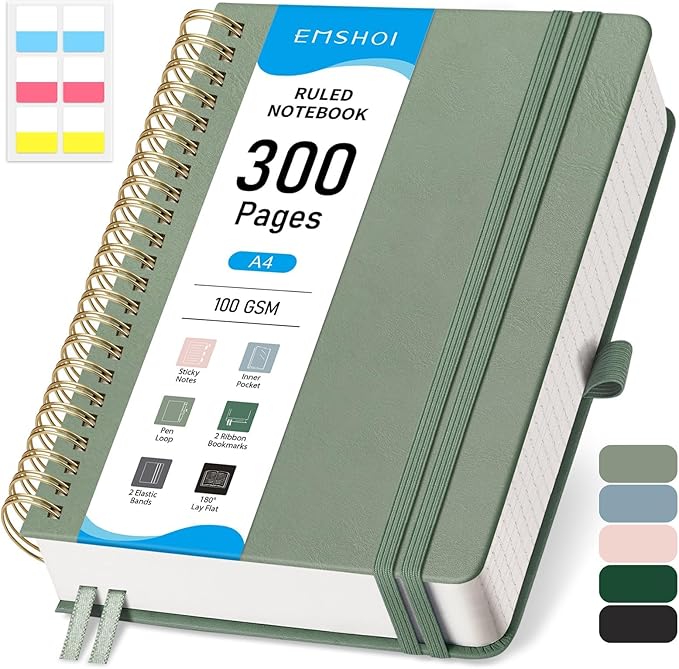 EMSHOI Spiral Notebook College Ruled, 300 Numbered Pages, A4 Large Hardcover Leather, 100 GSM Thick Lined Journal for Women Men Work Writing Journaling Note Taking, 8.27" x 11.2", Light Green