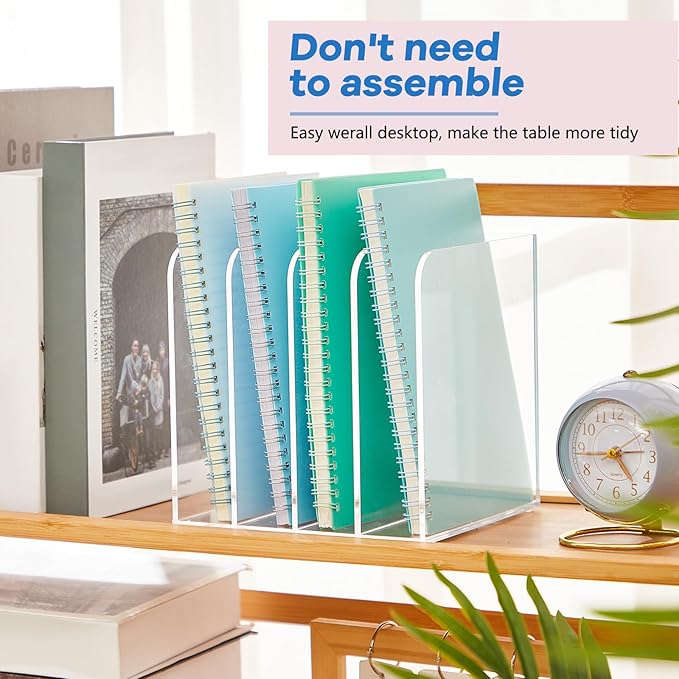 Suzile Clear Acrylic Magazine File Holder with Vertical Compartments Desk Organizer Book Rack for Desk Sorter Paper Folder Office Accessories(Stylish,7 x 6.9 x 6.3 Inch)