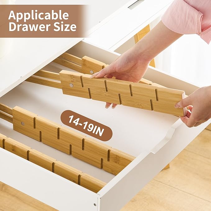 FILWH Bamboo Drawer Dividers with Inserts kitchen drawer organizer Adjustable Expandable 8 Pack Organizer Set for Kitchen Bedroom Bathroom Office 8 Dividers with 16 Inserts (Natural, Small (14-19IN))