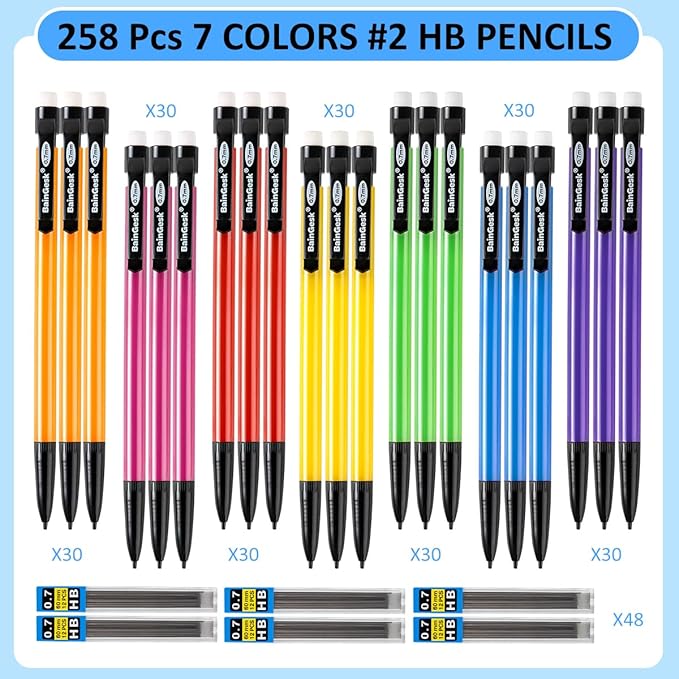 BainGesk Mechanical Pencils, 0.7mm Medium Point, HB #2 Lead, 210 Pack Bulk Mechanical Pencils and 48 Tubes Refills, Assorted Colored Barrels, Office School Supplies