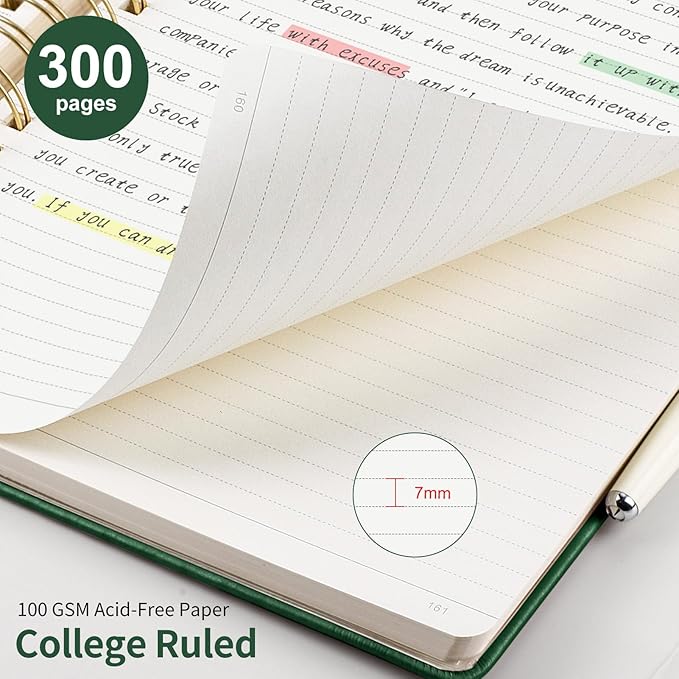 EMSHOI A5 Leather Hardcover Spiral Notebook College Ruled, 300 Numbered Pages, 100GSM, Lined Journal for Women Men, Work, Writing, Note-Taking, Journaling – Dark Green, 5.7”x8.22”