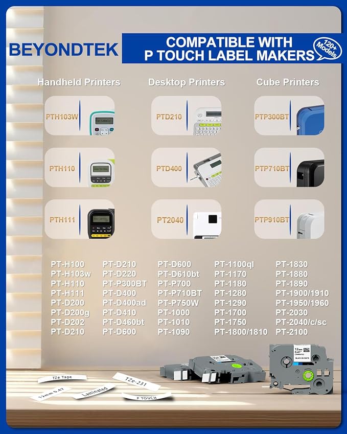 30PK Tz Tape 12mm 0.47 Laminated White Compatible with Brother P Touch Label Maker Tape 12mm 0.47 White Refill TZe-231 Label Tape for Brother P-Touch Label Maker PT-D210 PT-H110 PT-D220