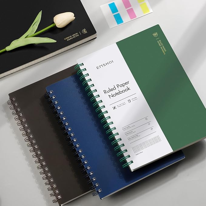 EMSHOI A4 Spiral Notebook Lined Journal, 11.2" X 8.27", 300 Pages/150 Sheets, 100gsm Thick Paper, Waterproof Softcover, Twin-Wire Binding, for School Work Writing Note Taking-Black