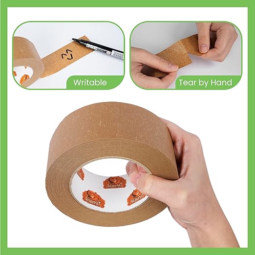 Eco-Friendly Kraft Paper Tape, Biodegradable Heavy Duty Packing Tape 2Inch x 55Yard, Recyclable Packaging Tape Self Adhesive Box Tape for Shipping, Sealing, Moving & Masking, 48Rolls