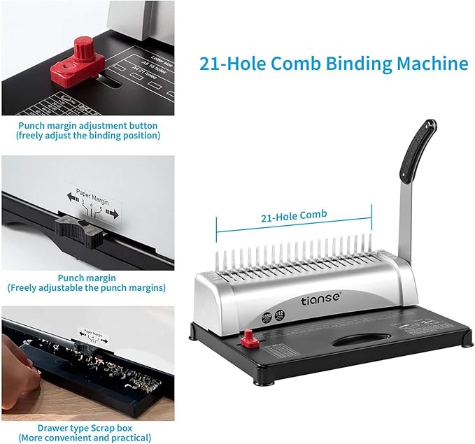 TIANSE Binding Machine, 21-Holes, 450 Sheets, Comb Binding Machines with Starter Kit 100 PCS 3/8'' Comb Binding Spines, Comb Binder Machine Book Maker Perfect for Letter Size, A4, A5 or Smaller Sizes