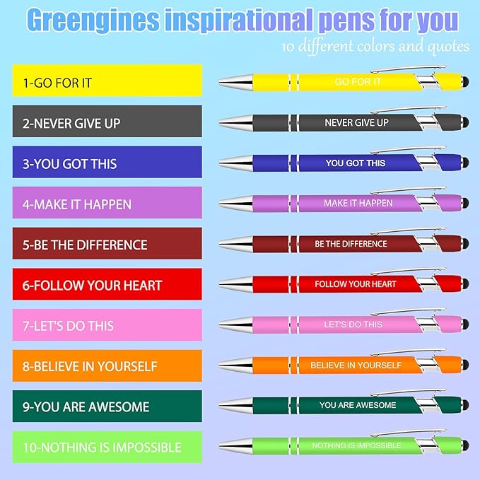 10 Pcs Inspirational Pens - Motivational Ballpoint Pen with Stylus Tip Ink Pens Bulk Inspirational Gifts for Women Coworkers Office Supplies Black Ink