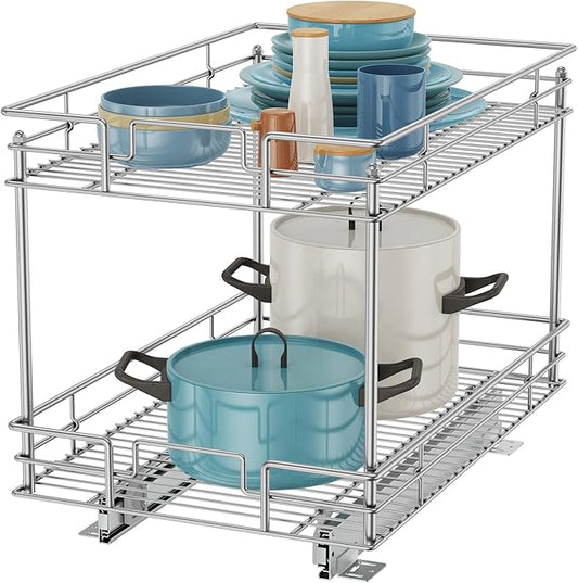 ROOMTEC Pull Out Cabinet Organizer, Kitchen Cabinet Organizer and Storage 2-Tier Cabinet Pull Out Shelves for Kitchen,Under Sink Organizers and Storage 17" W x 21" D Chrome