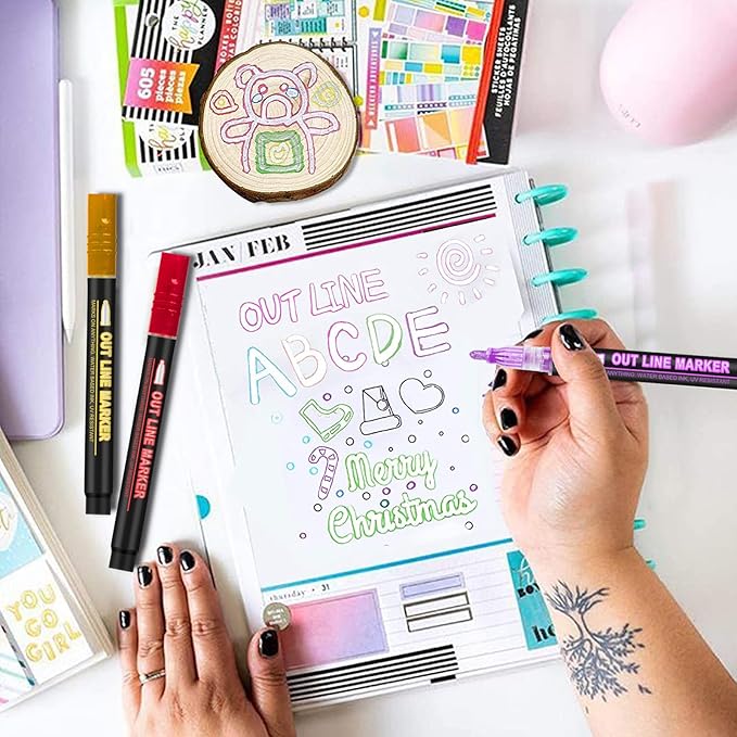 24-Color Metallic Outline Markers for Kids - Double Line Glitter Pens for Drawing, Cards & Crafts