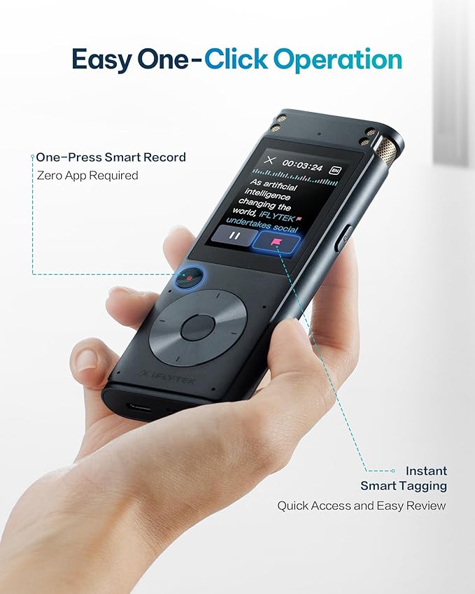 iFLYTEK Offline Voice Recorder with Playback, Secure Digital Recorder with AI Transcription, 5-Language Voice-to-Text, Noise Reduction, AI Voice Recorder for Meetings, Interviews, Learning (Renewed)